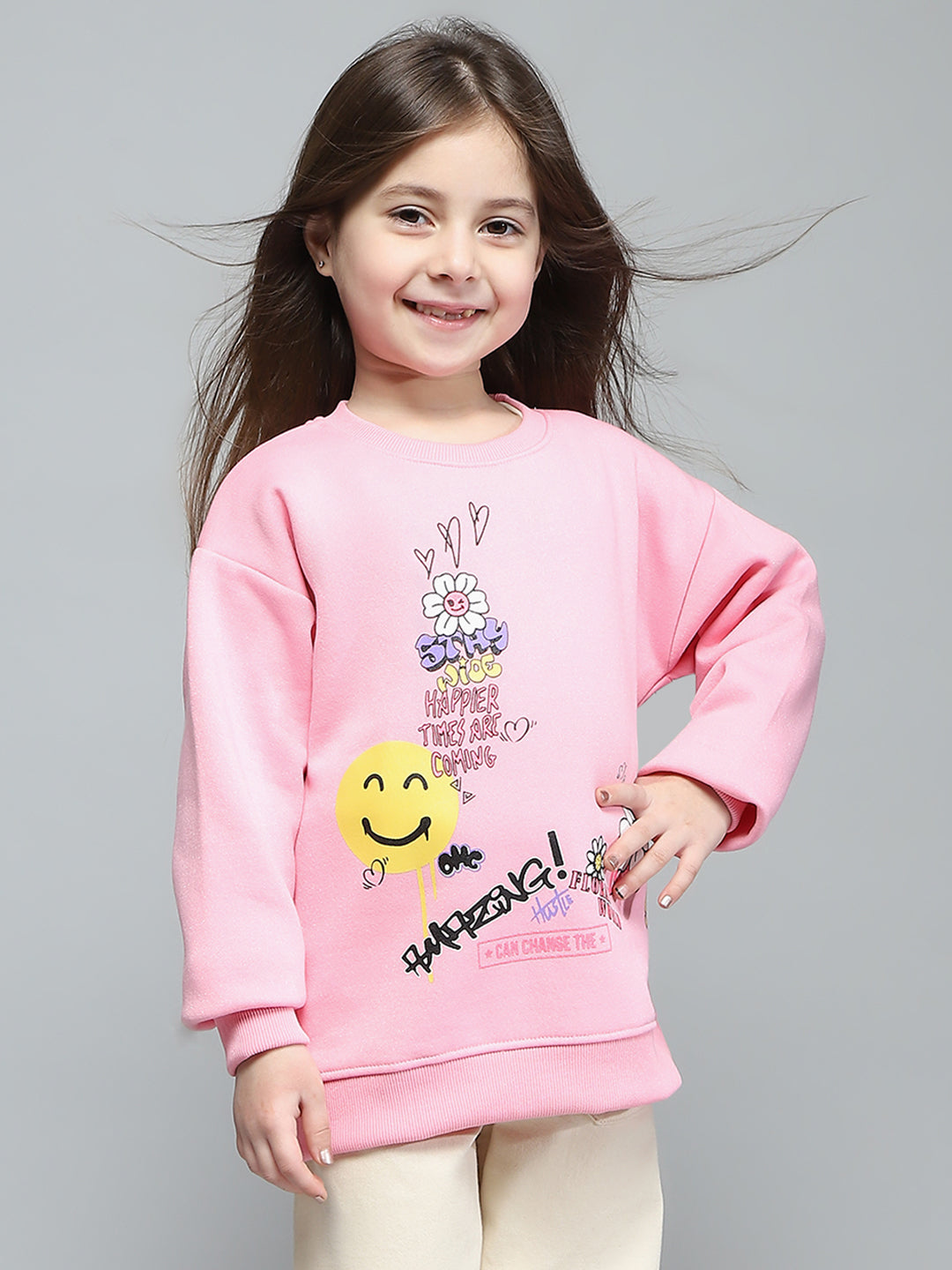 Girls Pink Printed Round Neck Full Sleeve Sweatshirt