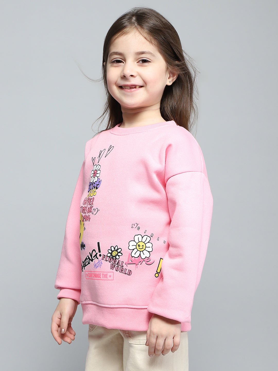 Girls Pink Printed Round Neck Full Sleeve Sweatshirt
