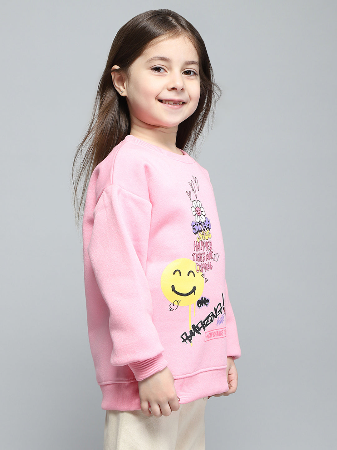 Girls Pink Printed Round Neck Full Sleeve Sweatshirt