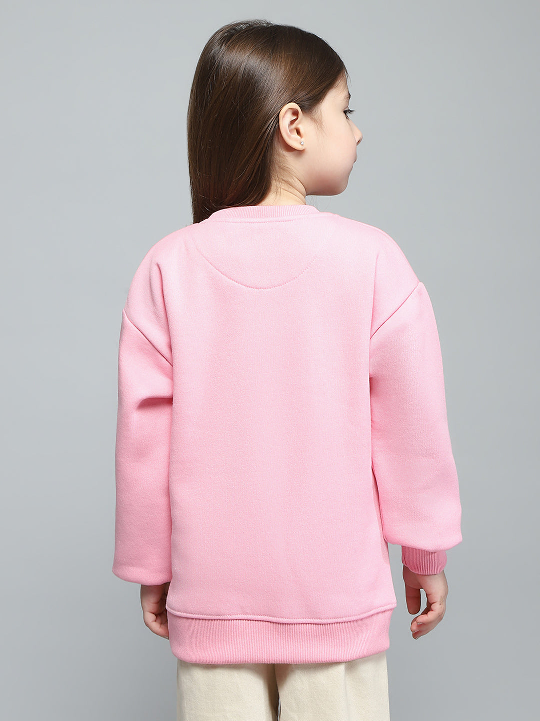 Girls Pink Printed Round Neck Full Sleeve Sweatshirt