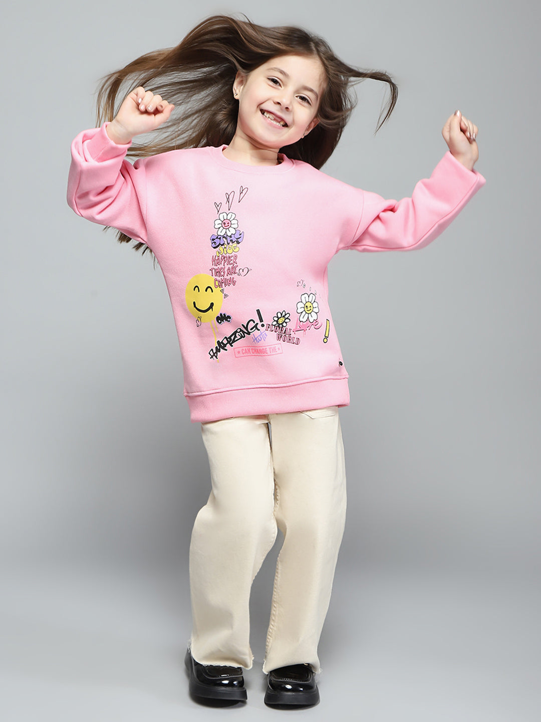 Girls Pink Printed Round Neck Full Sleeve Sweatshirt