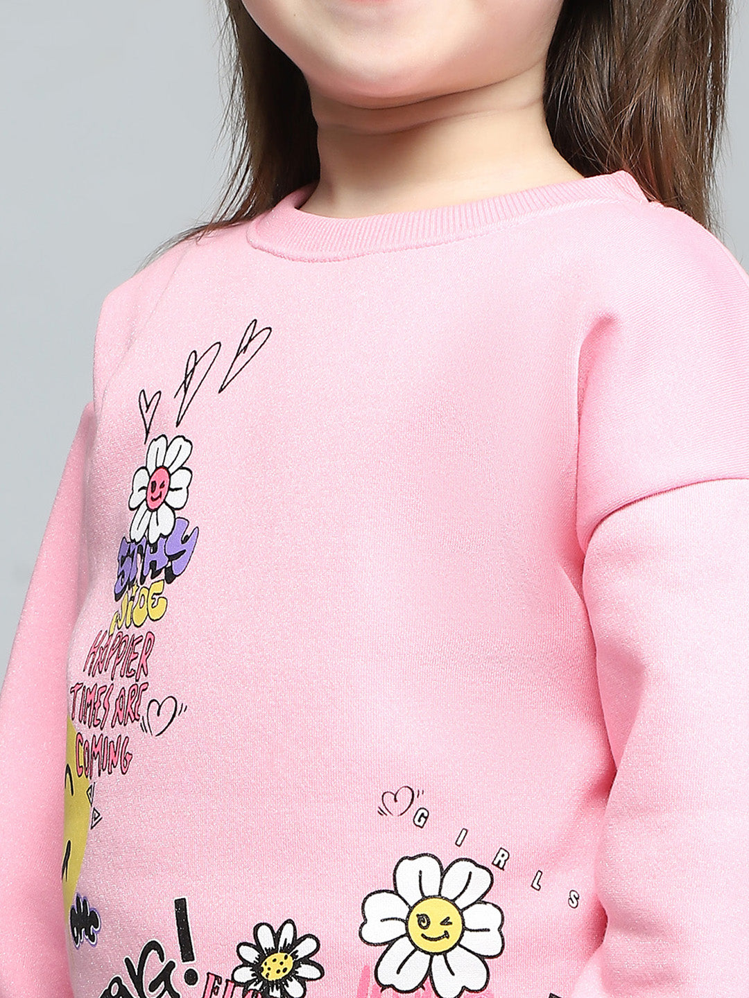 Girls Pink Printed Round Neck Full Sleeve Sweatshirt