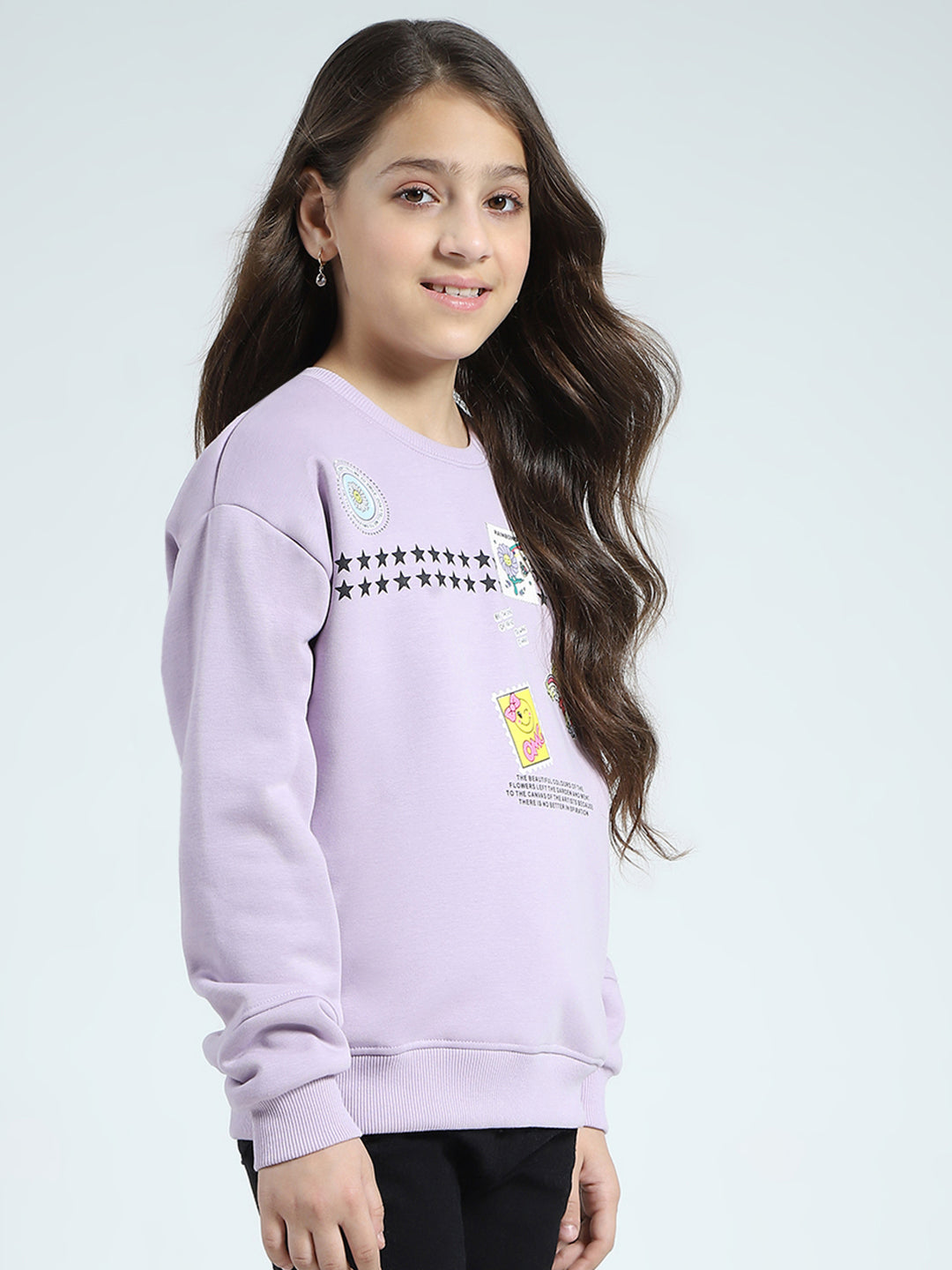 Girls Purple Printed Round Neck Full Sleeve Sweatshirt