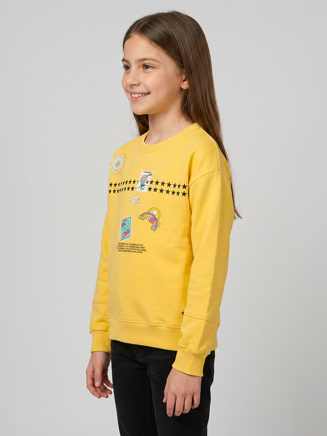 Girls Yellow Printed Round Neck Full Sleeve Sweatshirt