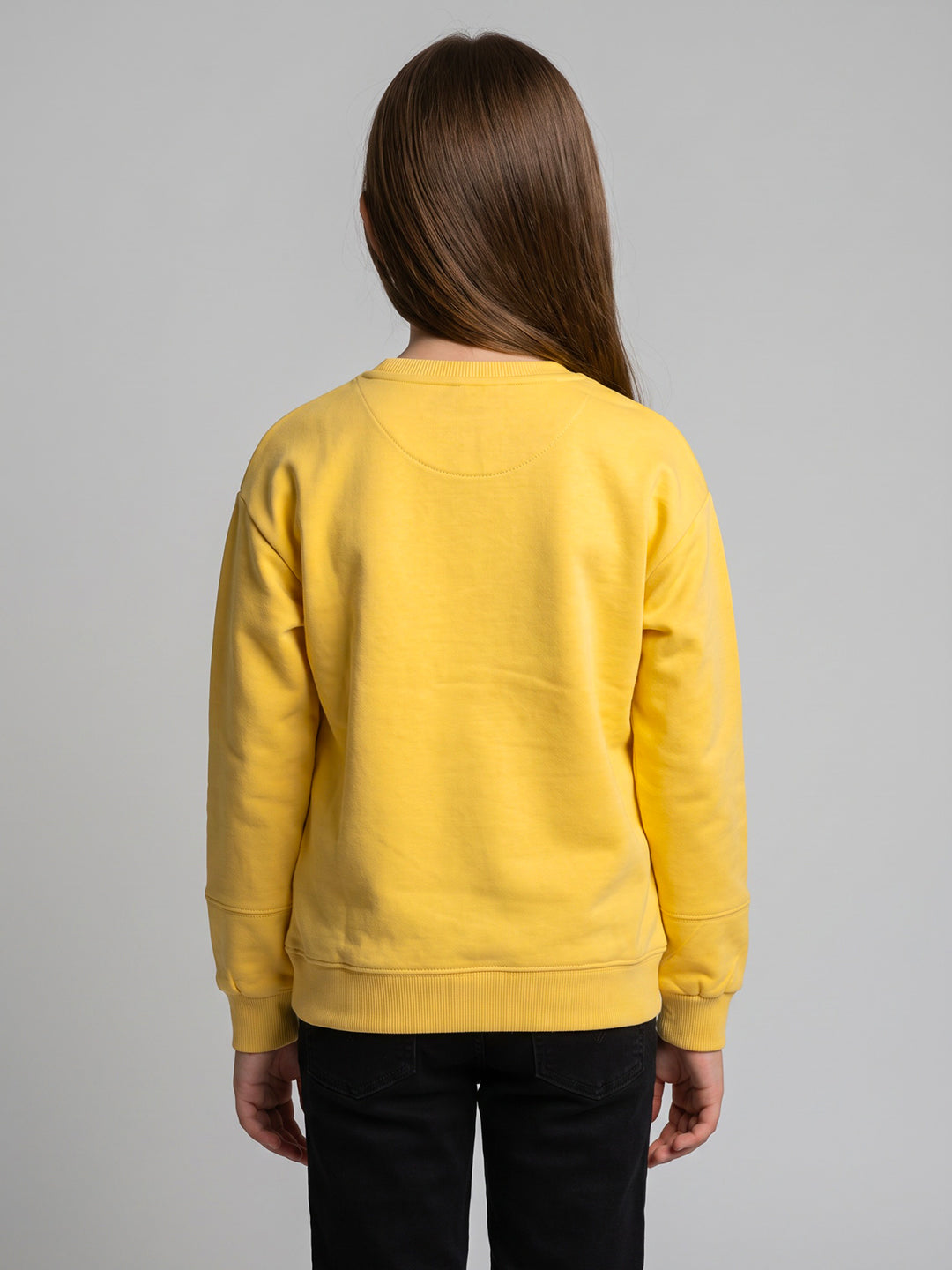 Girls Yellow Printed Round Neck Full Sleeve Sweatshirt