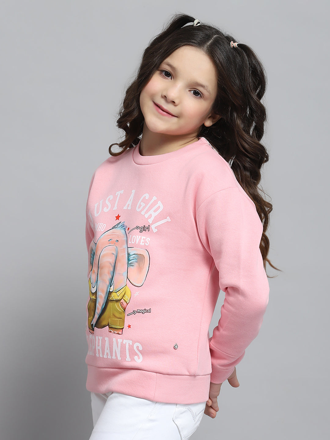 Girls Pink Printed Round Neck Full Sleeve Sweatshirt