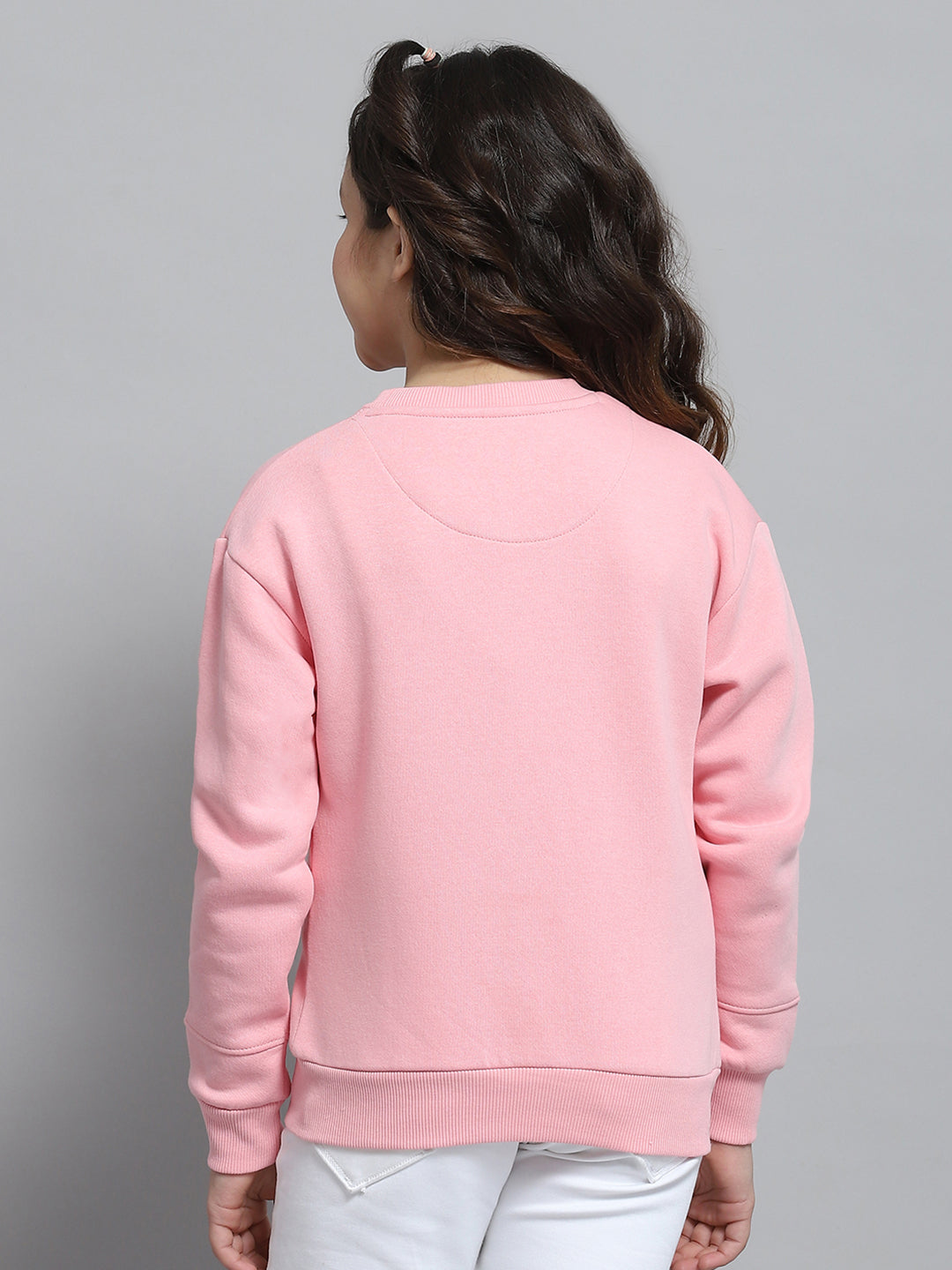 Girls Pink Printed Round Neck Full Sleeve Sweatshirt