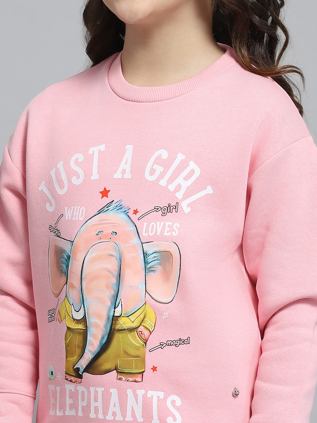 Girls Pink Printed Round Neck Full Sleeve Sweatshirt
