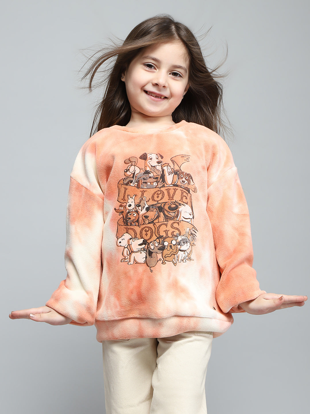 Girls Pink Printed Round Neck Full Sleeve Sweatshirt