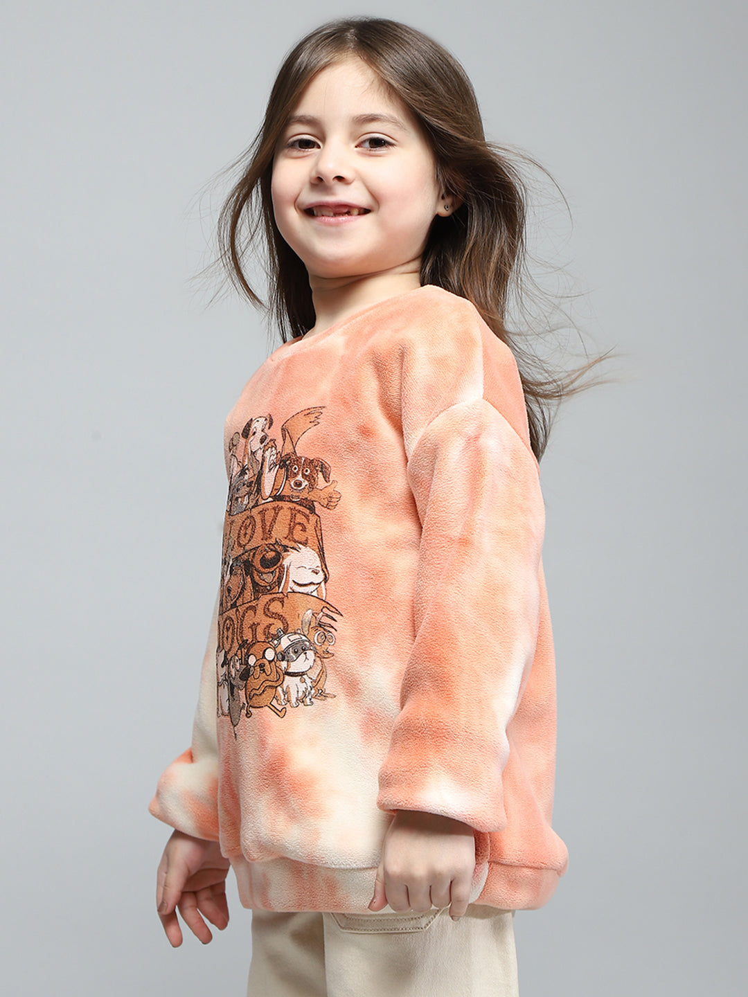 Girls Pink Printed Round Neck Full Sleeve Sweatshirt