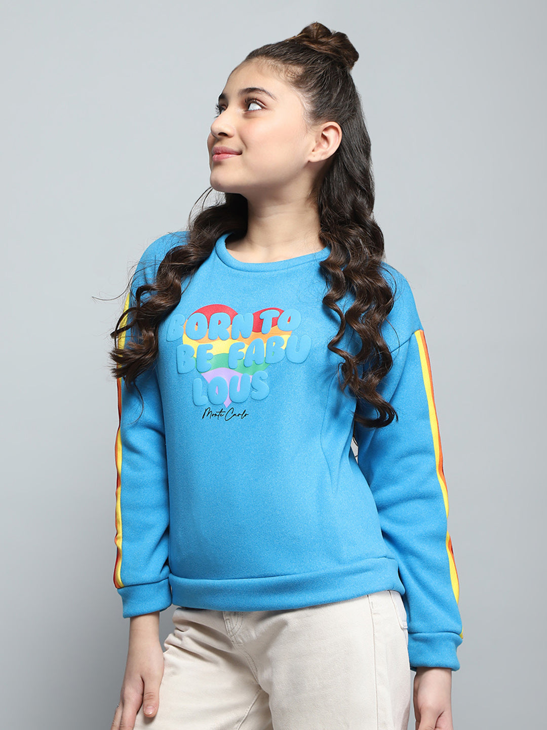 Girls Blue Printed Round Neck Full Sleeve Sweatshirt