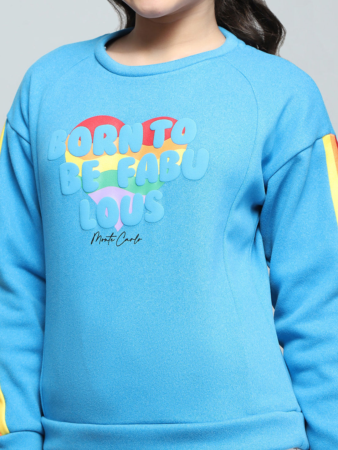 Girls Blue Printed Round Neck Full Sleeve Sweatshirt