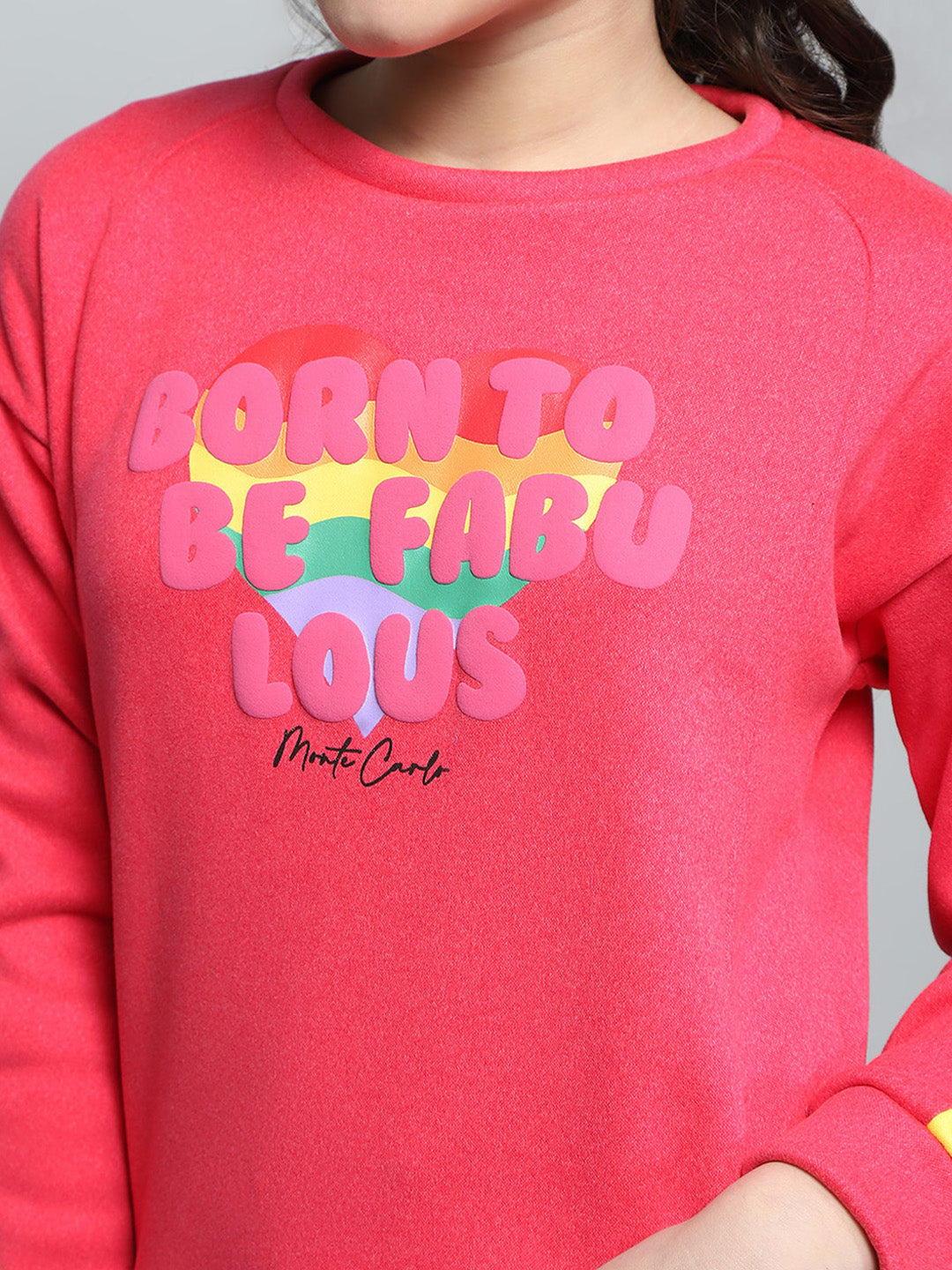 Girls Magenta Printed Round Neck Full Sleeve Sweatshirt
