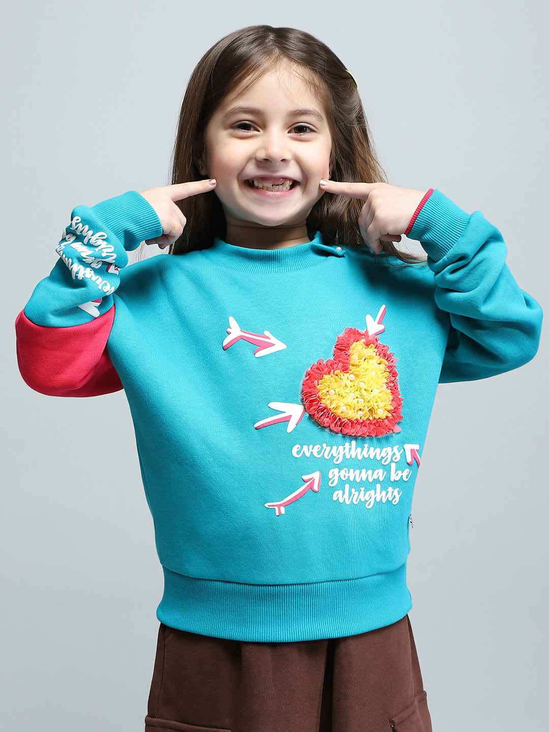 Girls Teal Blue Printed Round Neck Full Sleeve Sweatshirt