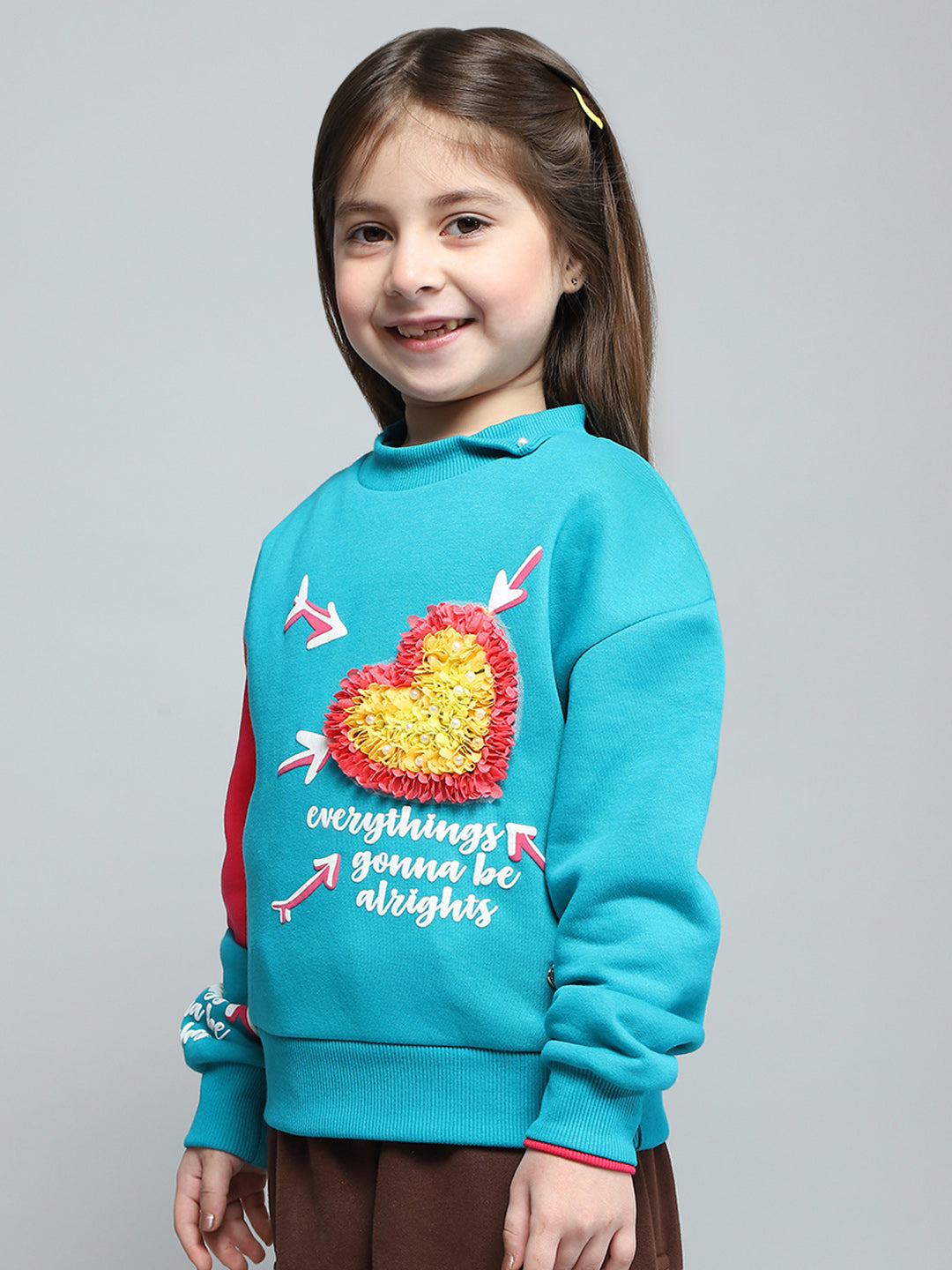 Girls Teal Blue Printed Round Neck Full Sleeve Sweatshirt