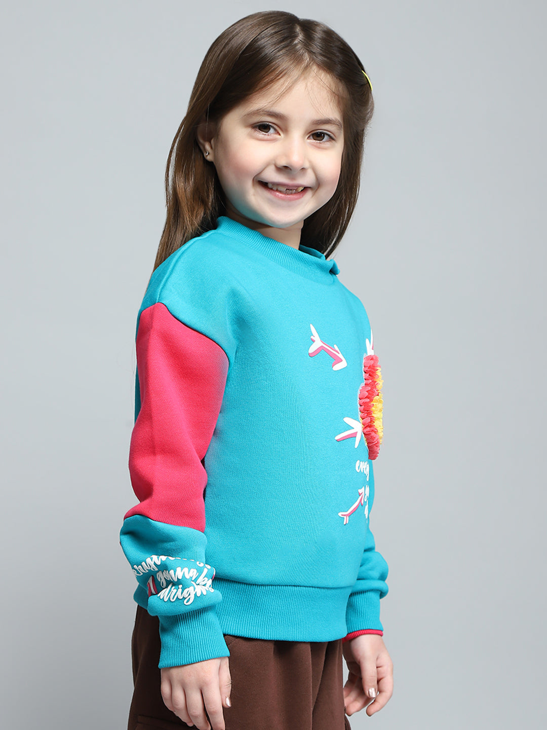 Girls Teal Blue Printed Round Neck Full Sleeve Sweatshirt
