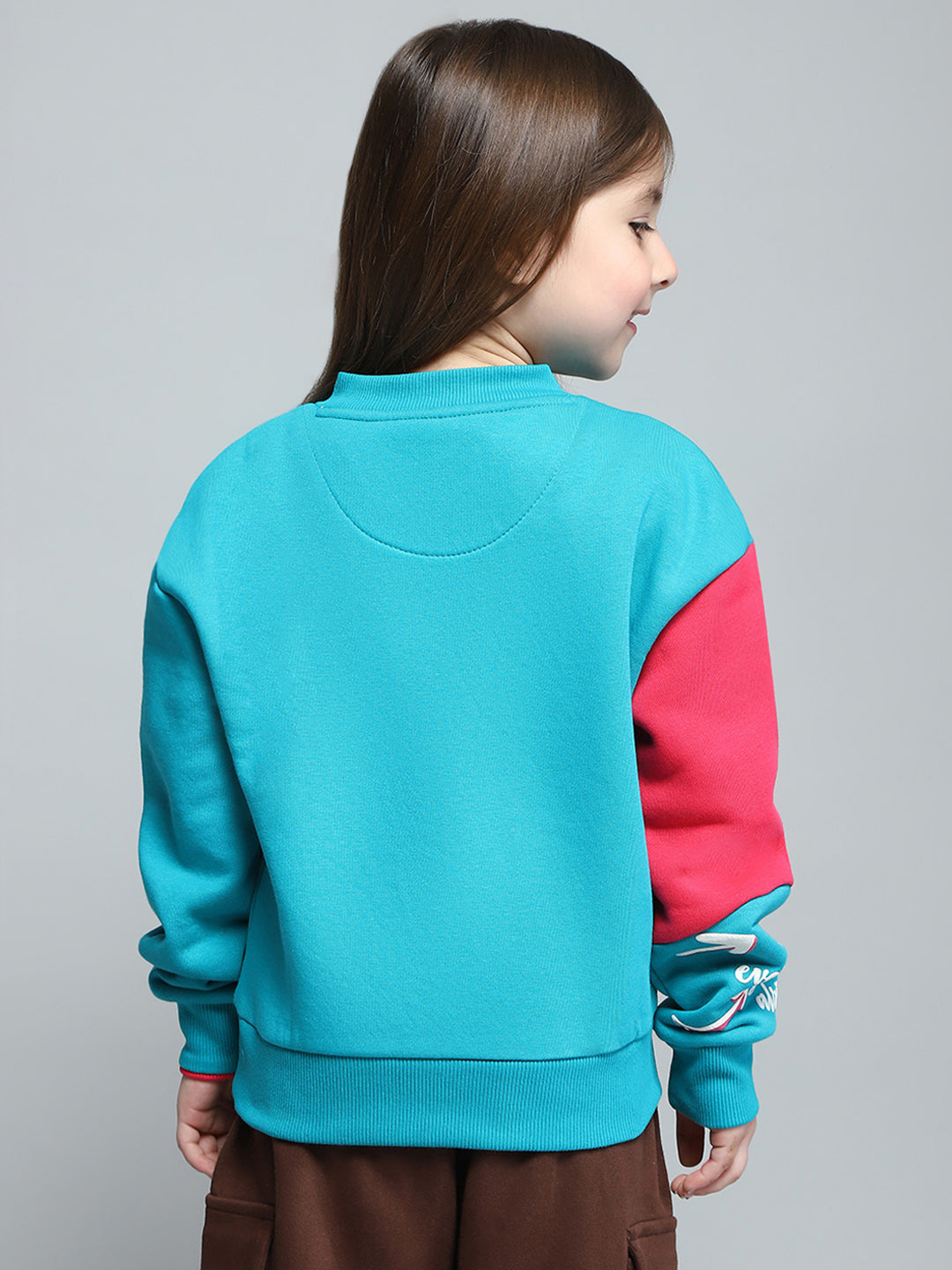 Girls Teal Blue Printed Round Neck Full Sleeve Sweatshirt