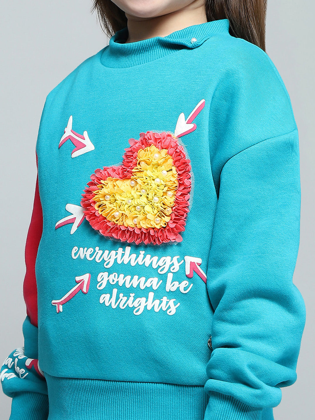 Girls Teal Blue Printed Round Neck Full Sleeve Sweatshirt
