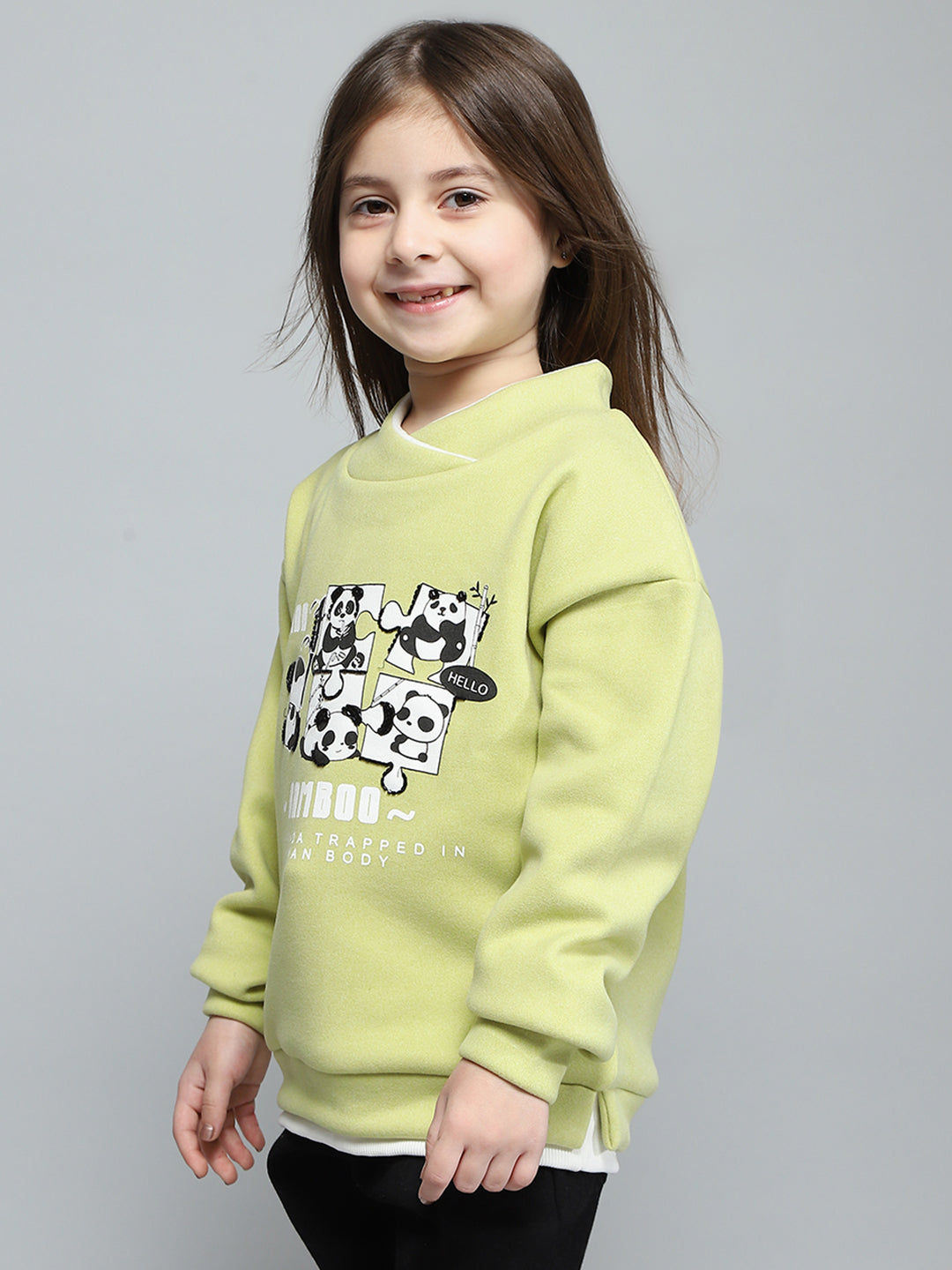 Girls Green Printed Band Collar Full Sleeve Sweatshirt