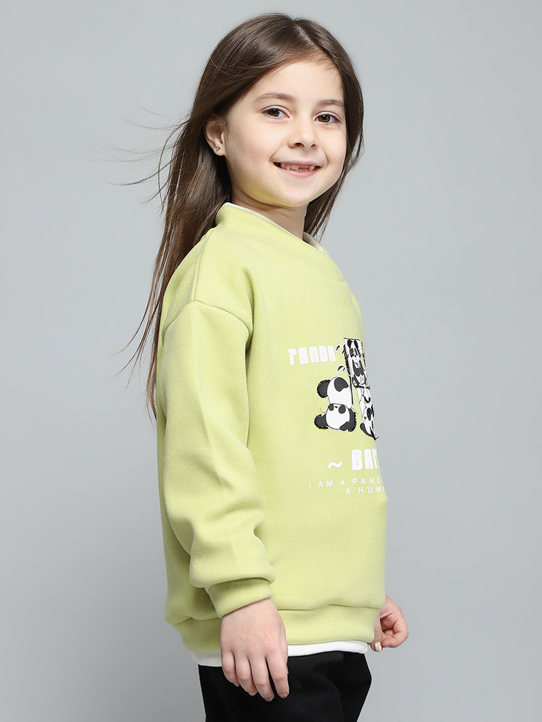 Girls Green Printed Band Collar Full Sleeve Sweatshirt