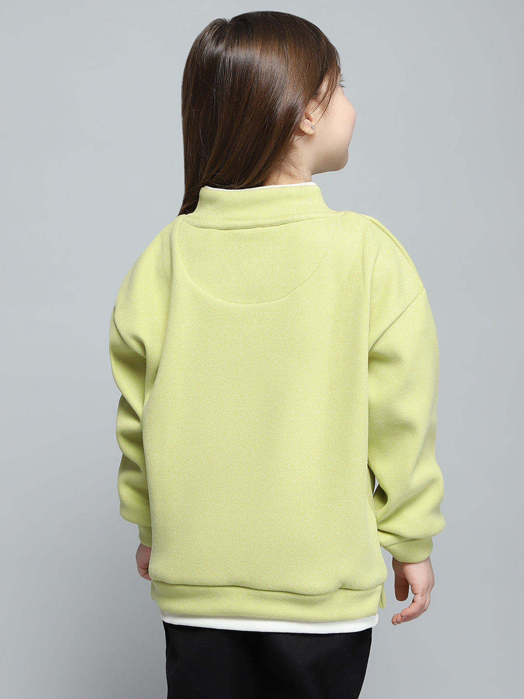 Girls Green Printed Band Collar Full Sleeve Sweatshirt