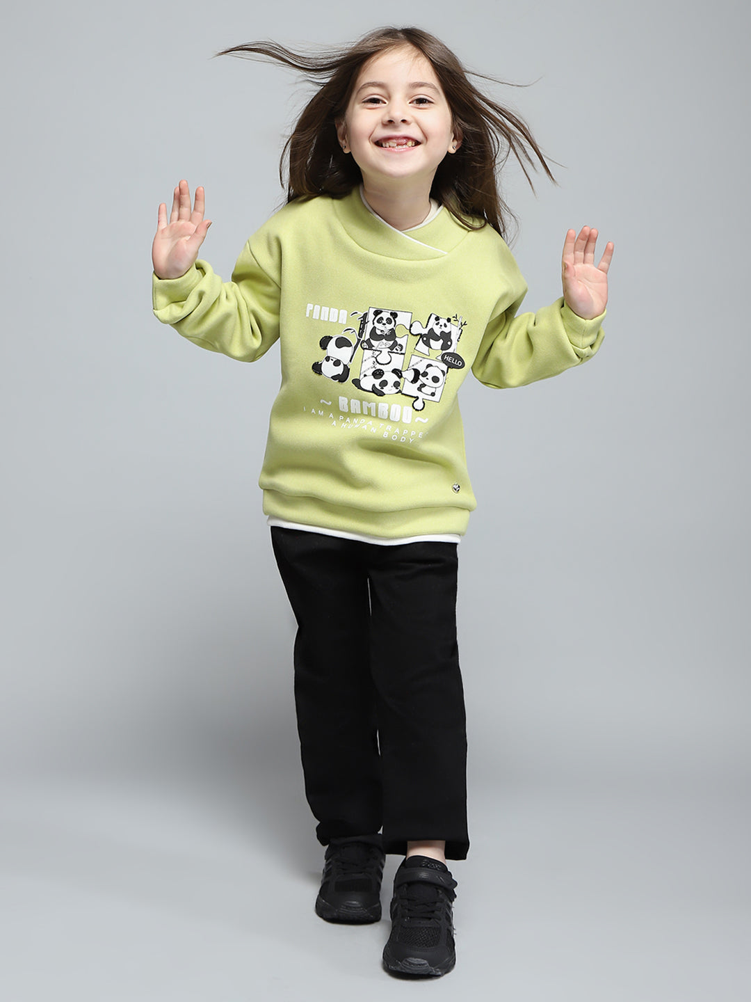 Girls Green Printed Band Collar Full Sleeve Sweatshirt
