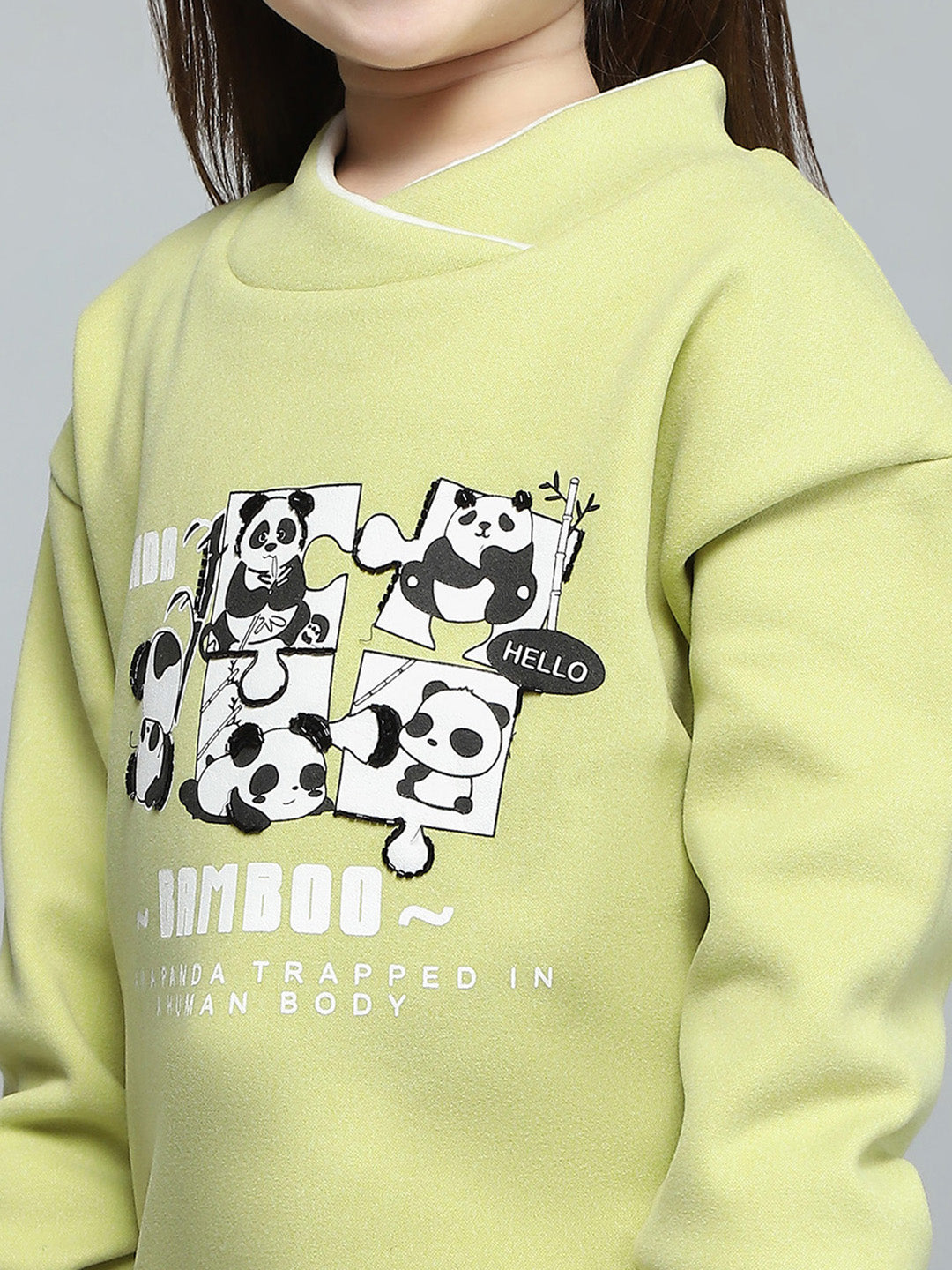 Girls Green Printed Band Collar Full Sleeve Sweatshirt