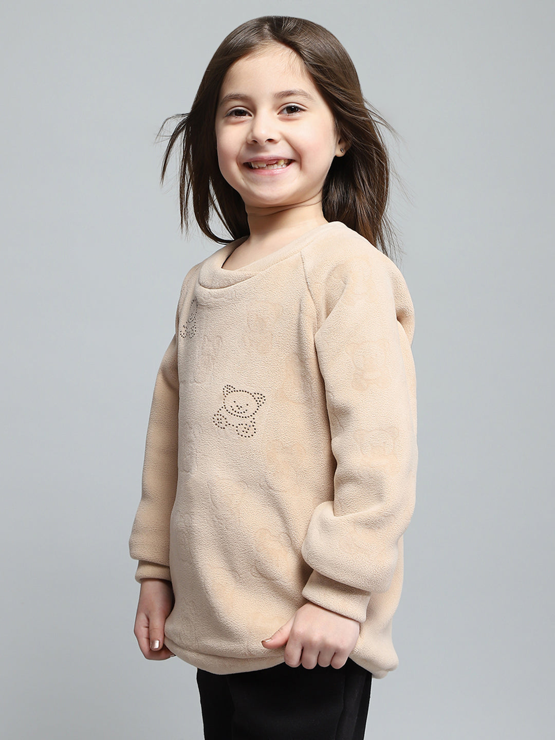 Girls Beige Self Design Round Neck Full Sleeve Sweatshirt