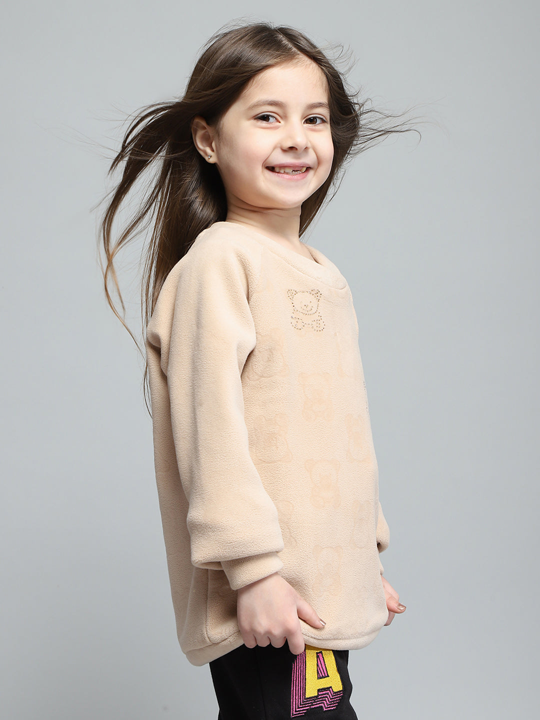 Girls Beige Self Design Round Neck Full Sleeve Sweatshirt