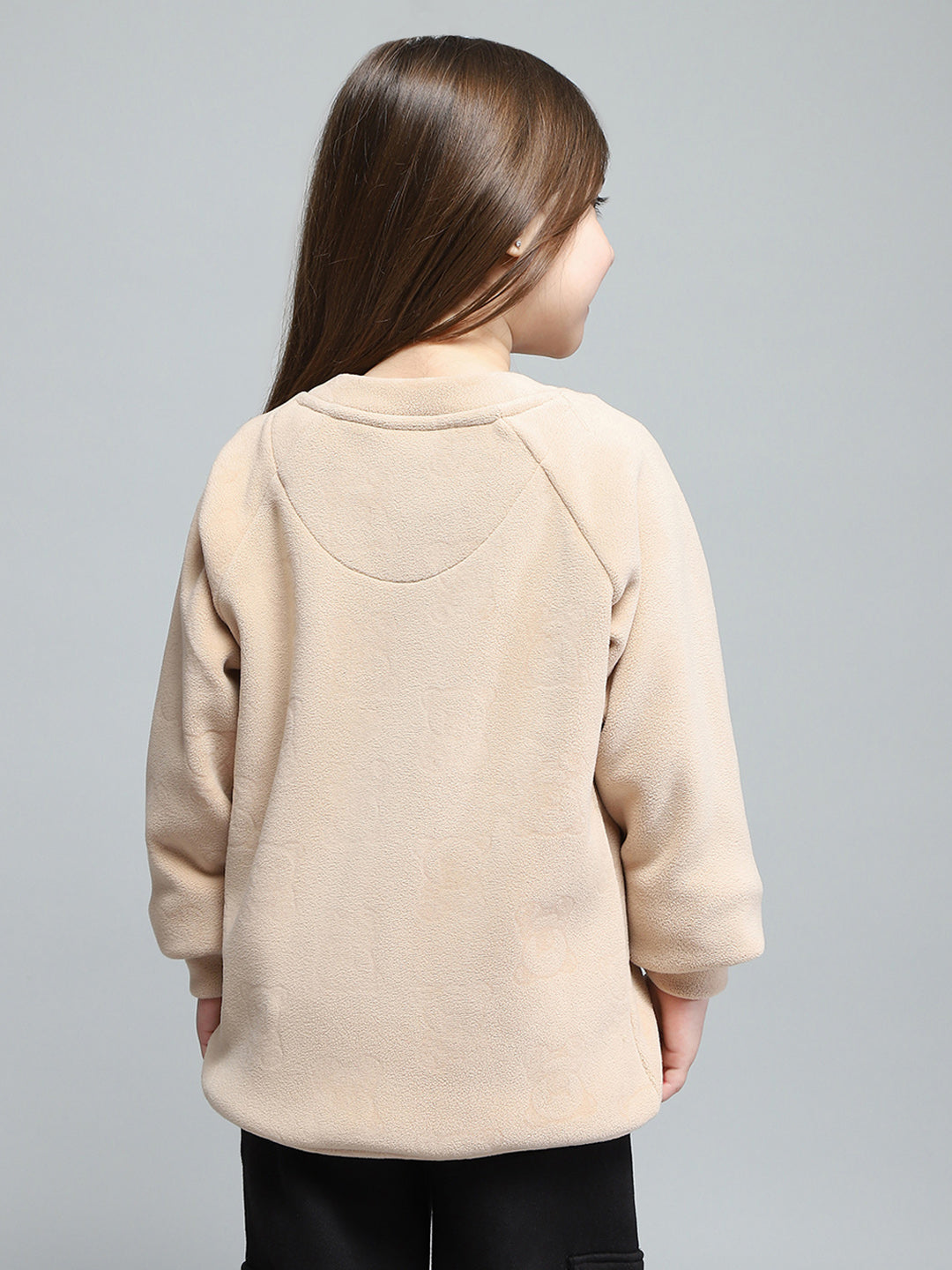 Girls Beige Self Design Round Neck Full Sleeve Sweatshirt