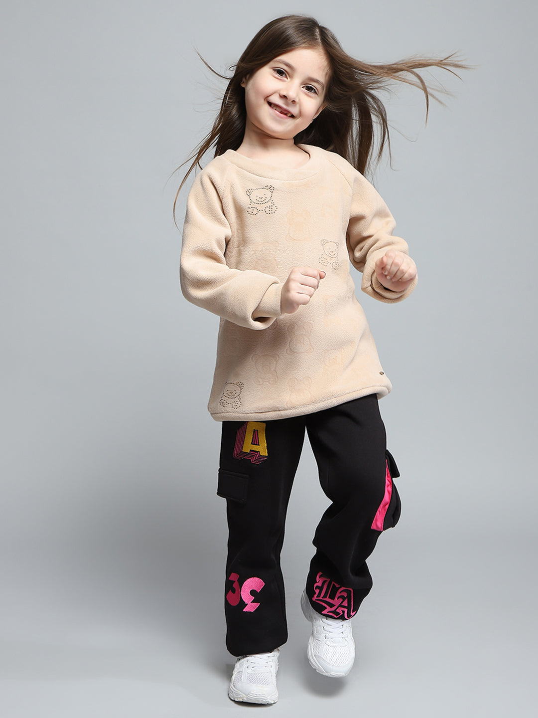 Girls Beige Self Design Round Neck Full Sleeve Sweatshirt