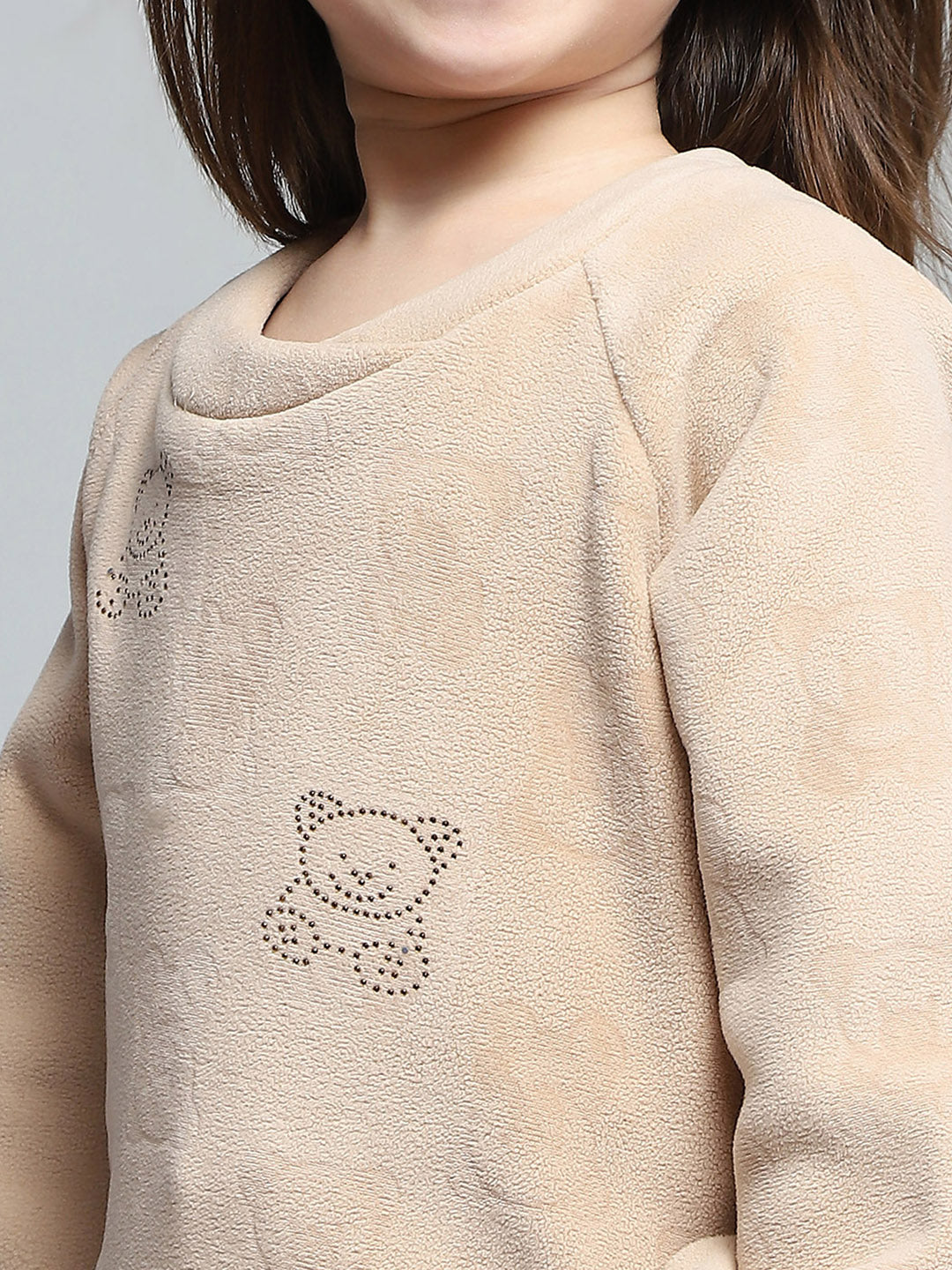 Girls Beige Self Design Round Neck Full Sleeve Sweatshirt