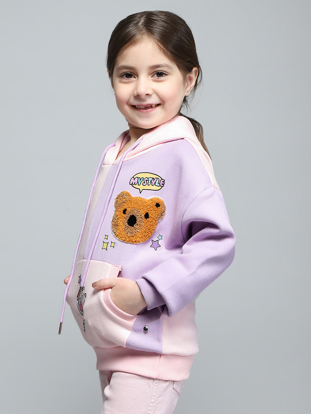 Girls Pink & Purple Printed Hooded Full Sleeve Sweatshirt