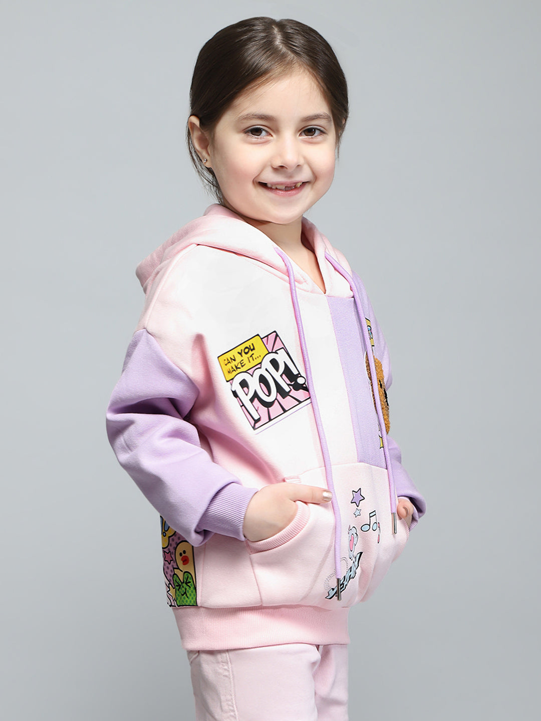 Girls Pink & Purple Printed Hooded Full Sleeve Sweatshirt