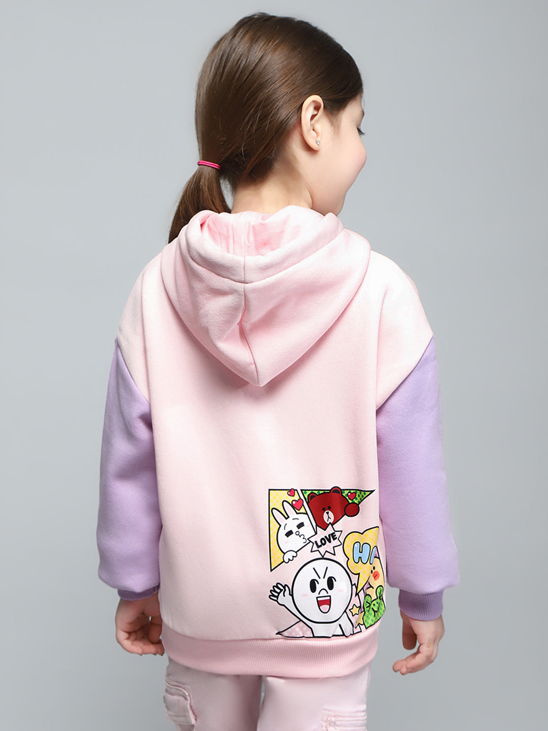 Girls Pink & Purple Printed Hooded Full Sleeve Sweatshirt