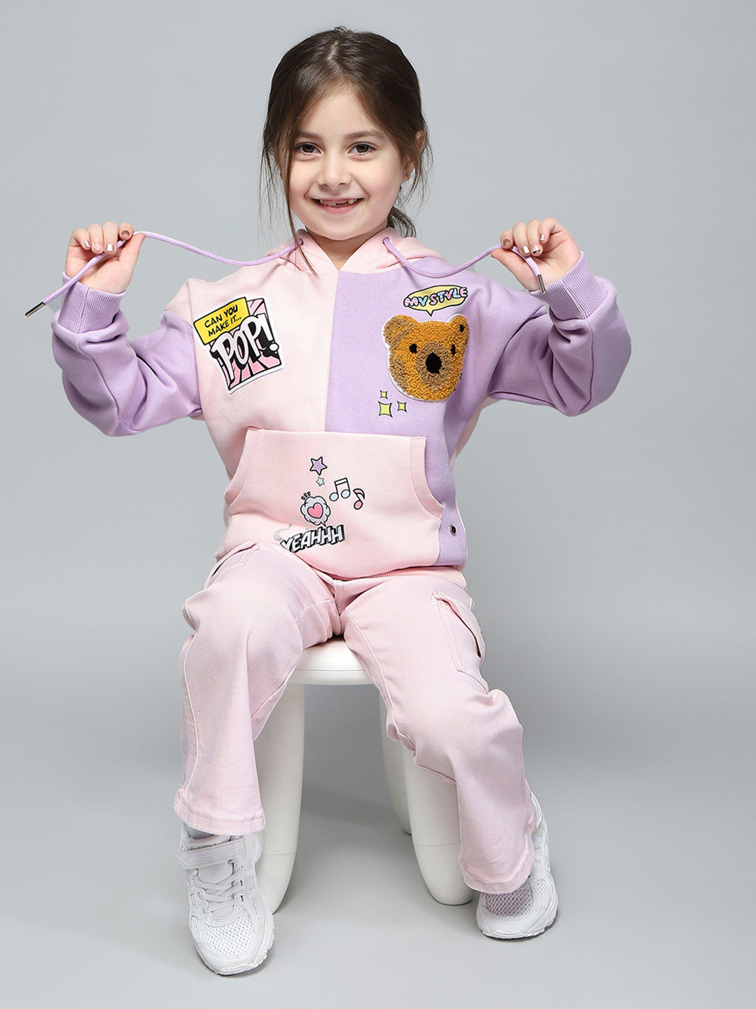 Girls Pink & Purple Printed Hooded Full Sleeve Sweatshirt