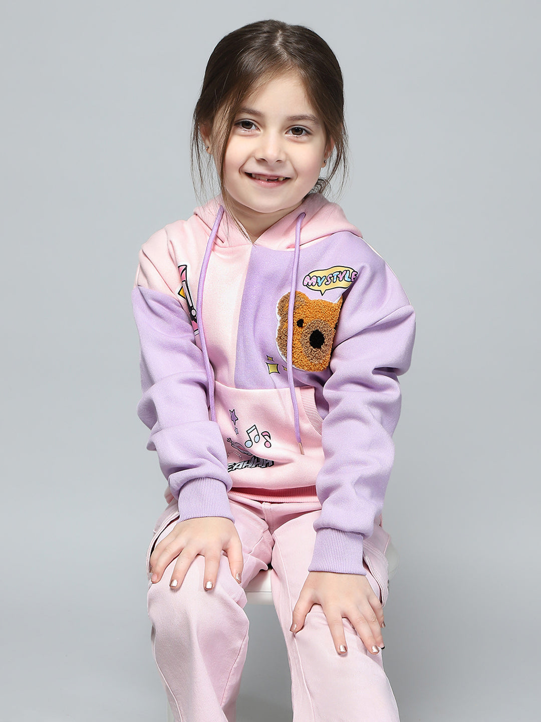 Girls Pink & Purple Printed Hooded Full Sleeve Sweatshirt