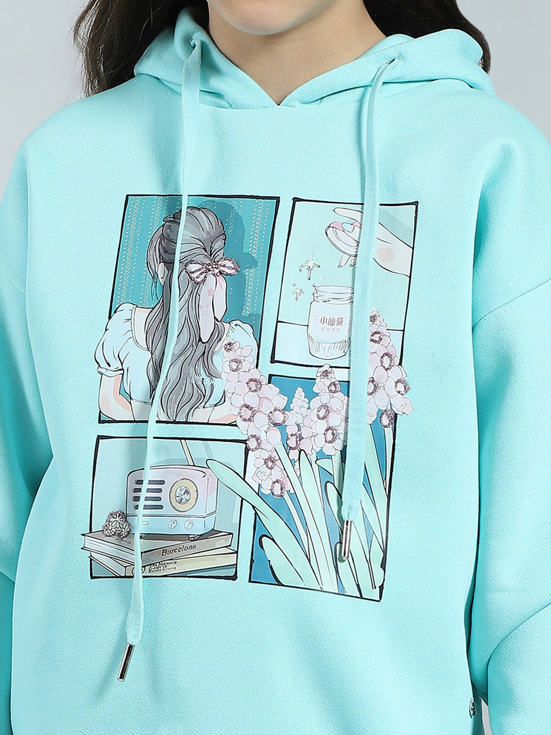 Girls Blue Printed Hooded Full Sleeve Sweatshirt