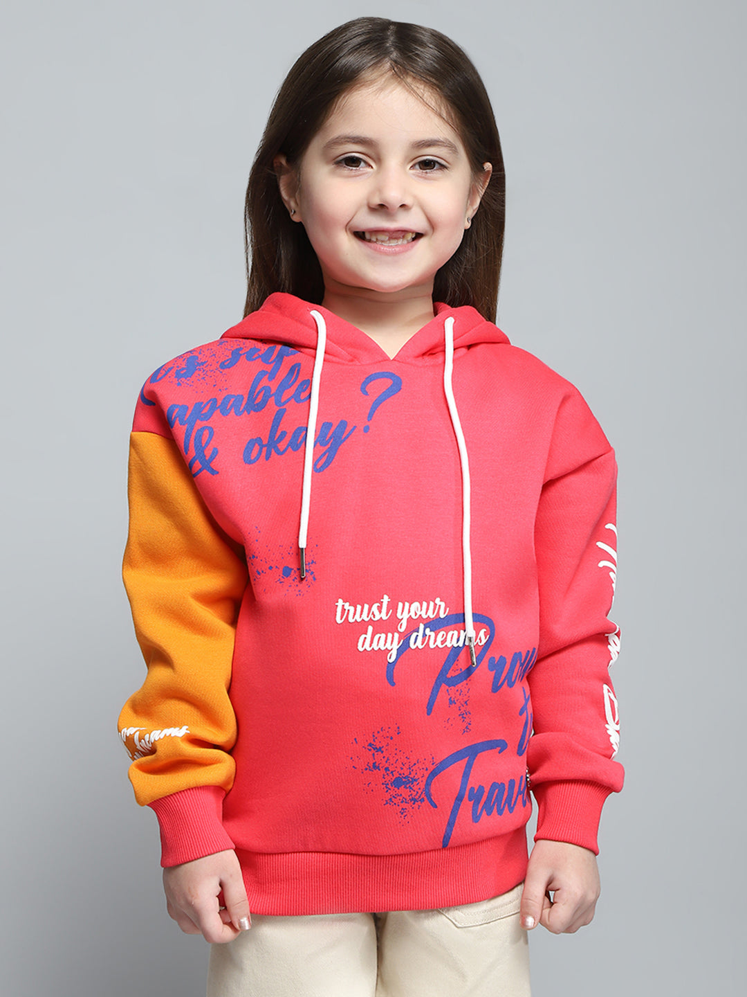 Girls Red Printed Hooded Full Sleeve Sweatshirt