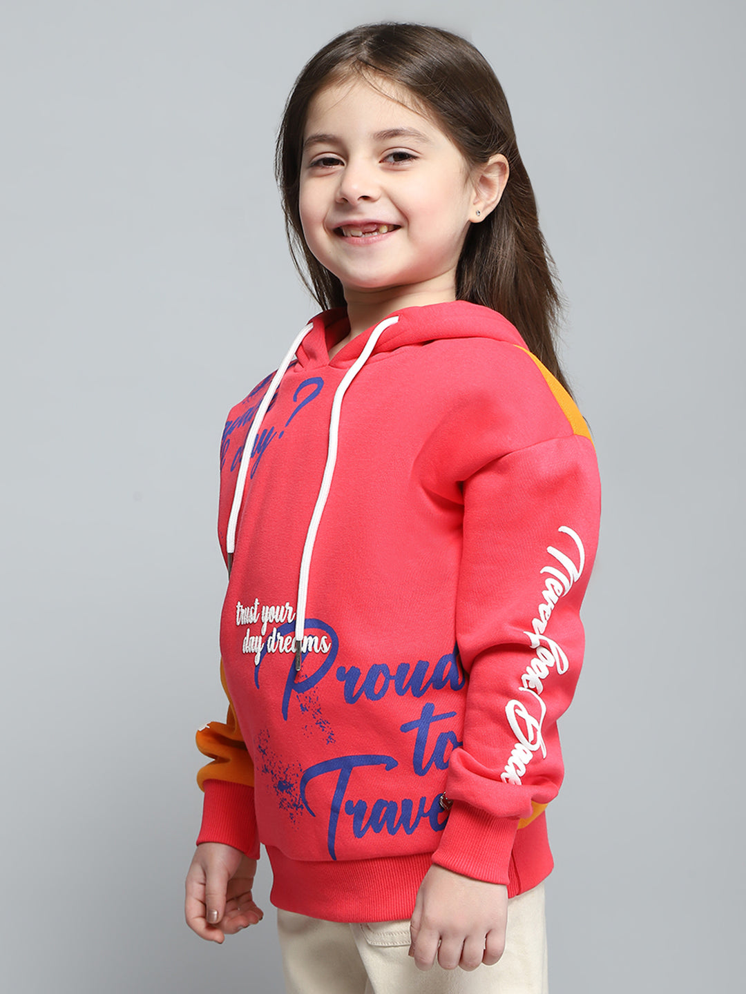 Girls Red Printed Hooded Full Sleeve Sweatshirt