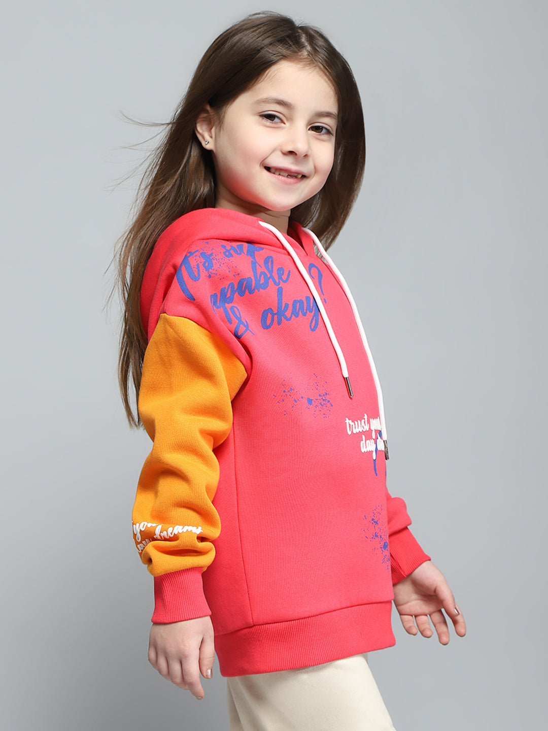 Girls Red Printed Hooded Full Sleeve Sweatshirt