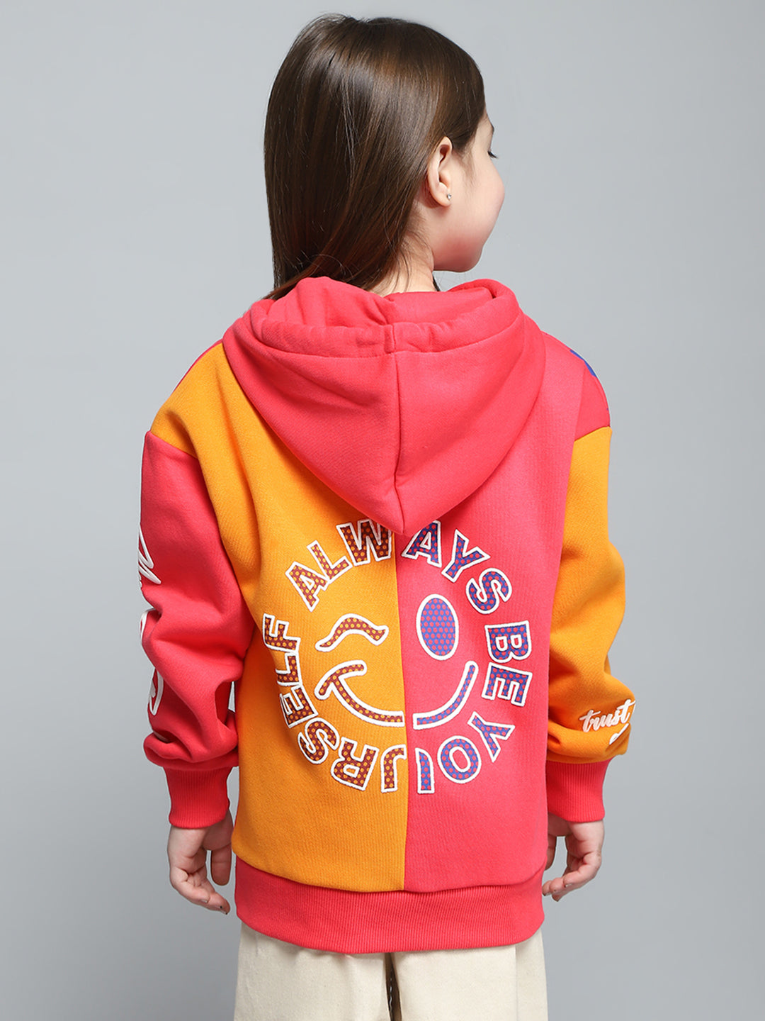 Girls Red Printed Hooded Full Sleeve Sweatshirt