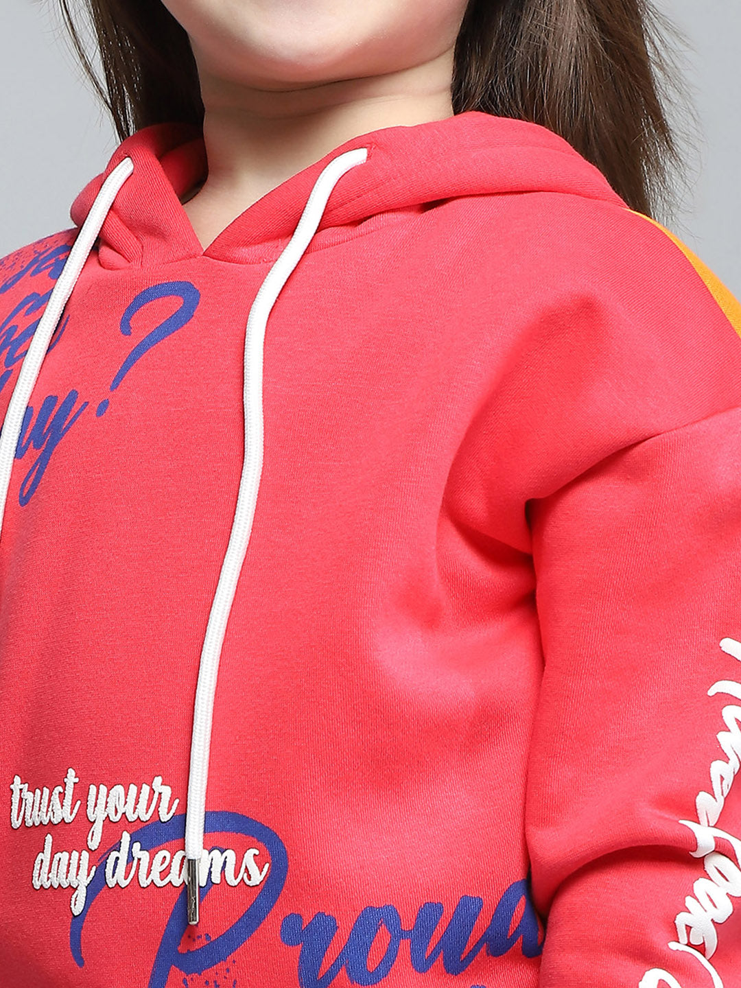 Girls Red Printed Hooded Full Sleeve Sweatshirt