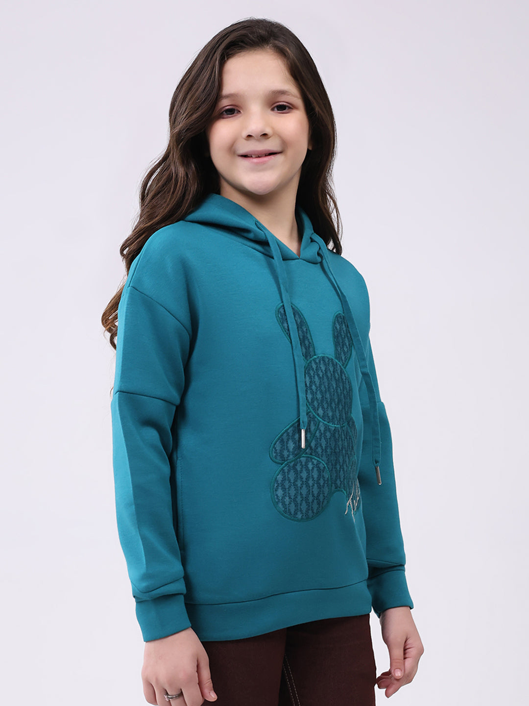 Girls Teal Blue Printed Hooded Full Sleeve Sweatshirt