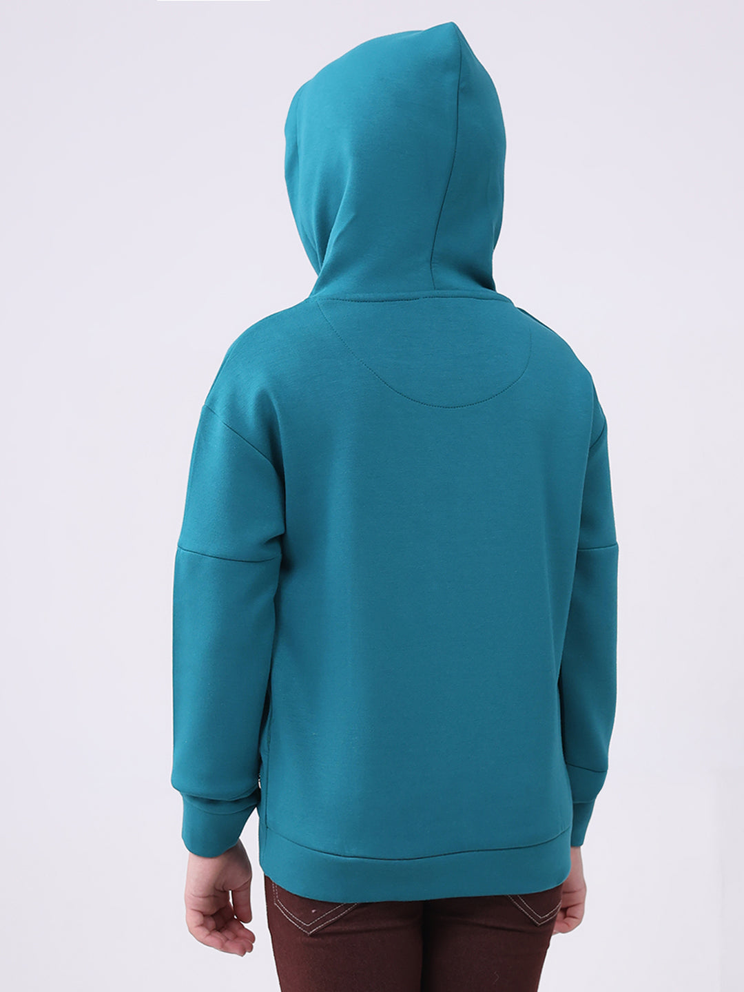 Girls Teal Blue Printed Hooded Full Sleeve Sweatshirt