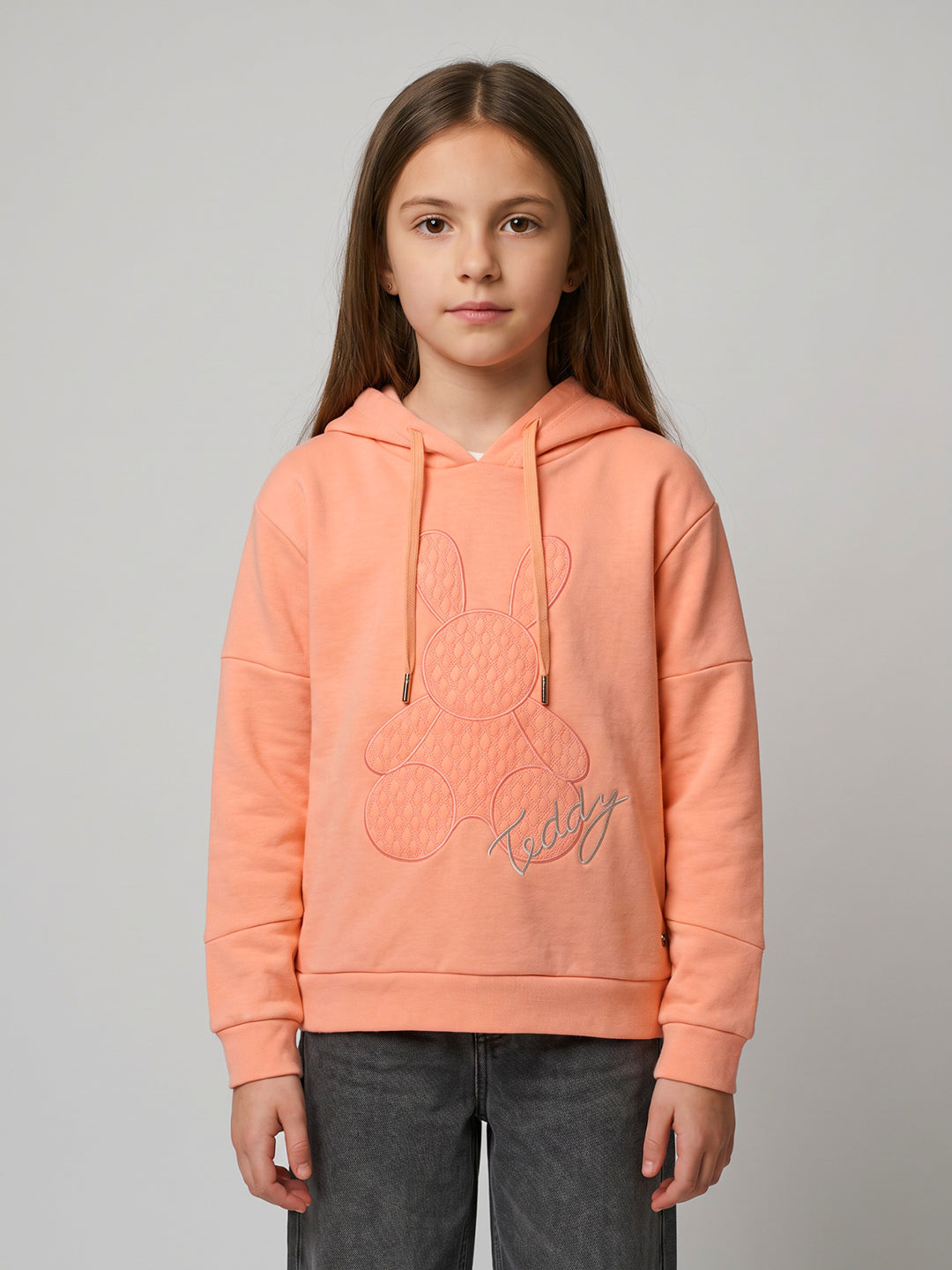 Girls Peach Embroidered Hooded Full Sleeve Sweatshirt