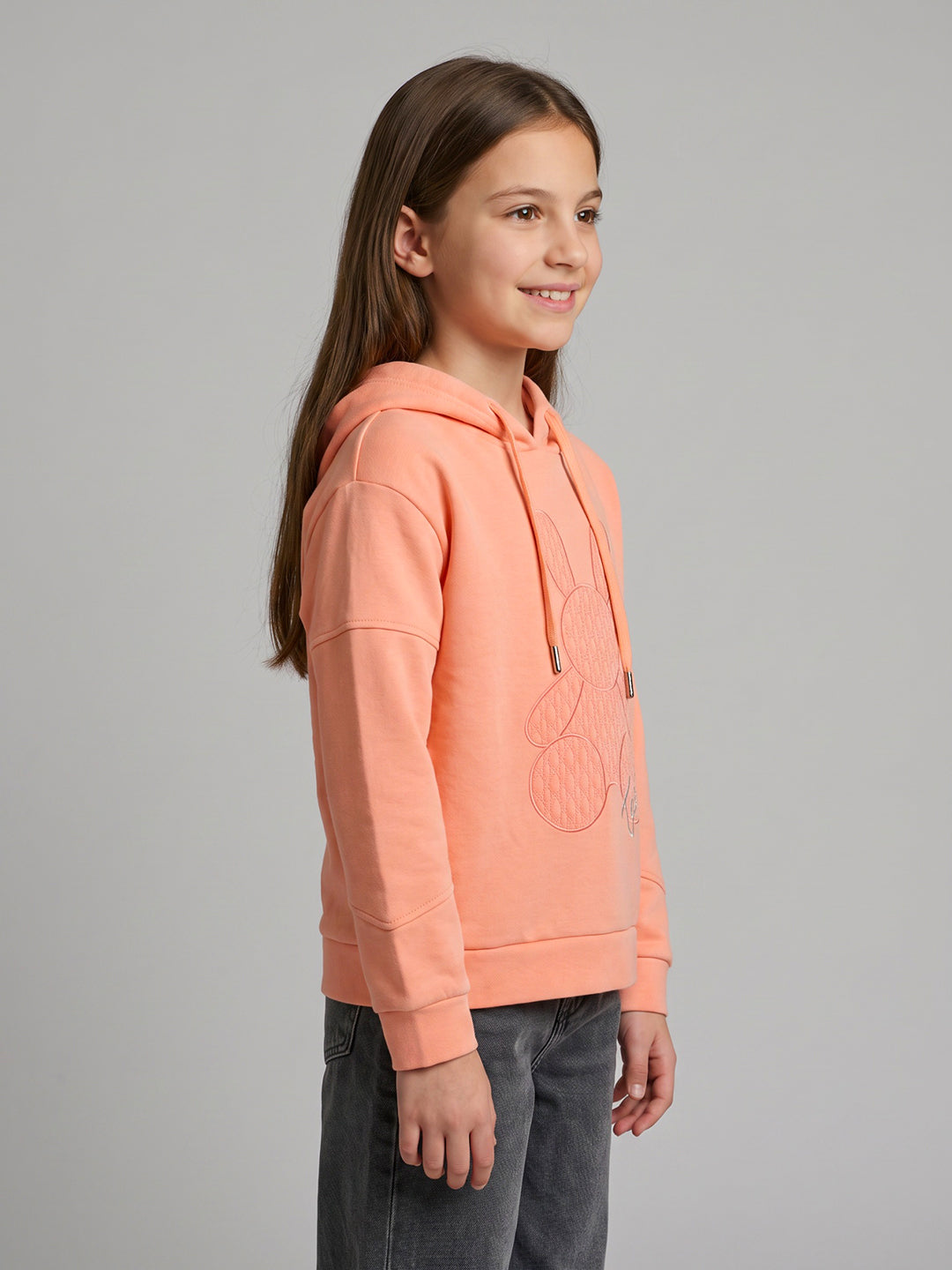 Girls Peach Embroidered Hooded Full Sleeve Sweatshirt