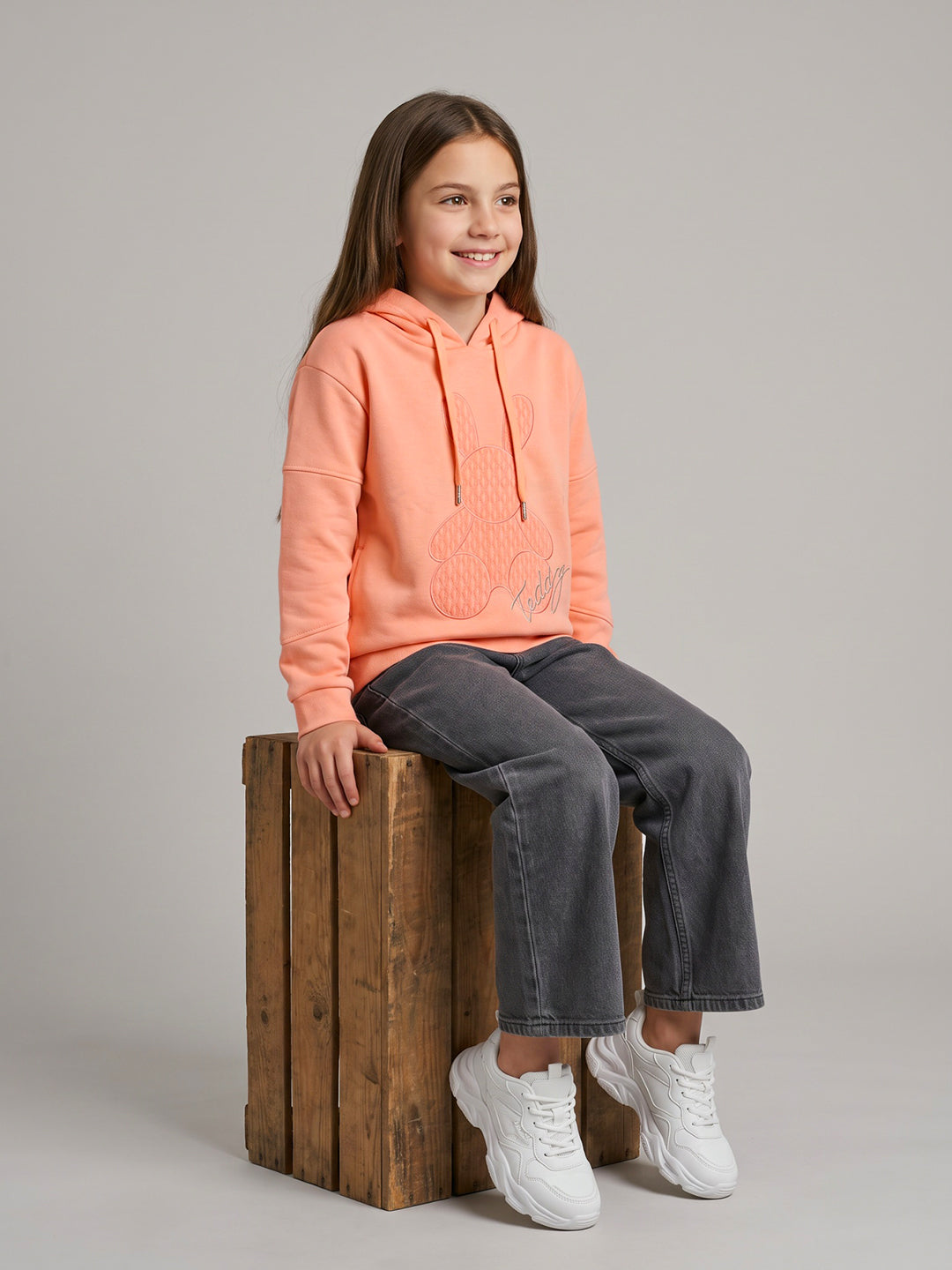 Girls Peach Embroidered Hooded Full Sleeve Sweatshirt