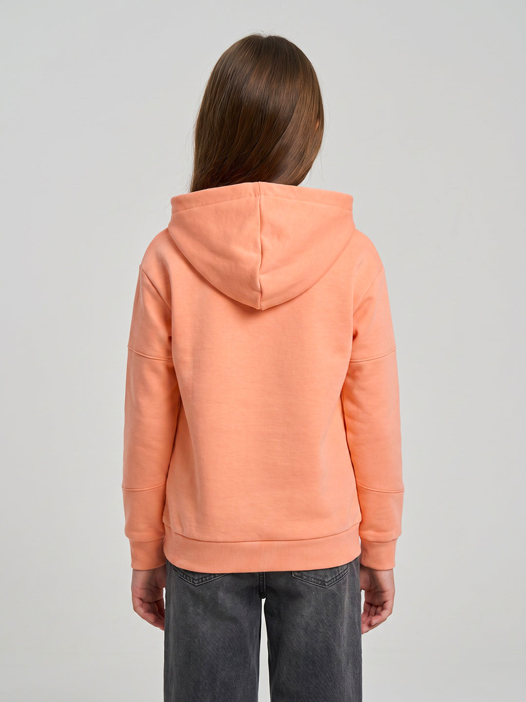 Girls Peach Embroidered Hooded Full Sleeve Sweatshirt
