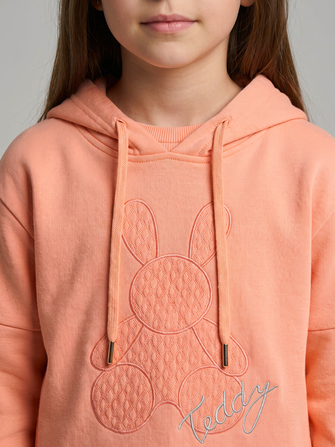 Girls Peach Embroidered Hooded Full Sleeve Sweatshirt